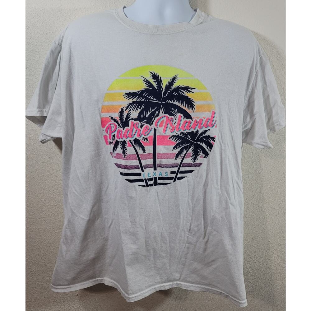 White Pink Yellow Padre Island Texas Graphic Logo Shirt Large Lightweight Soft